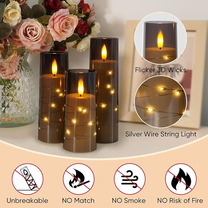 Raycare Flameless Candle with Remote Timer – 9 Flickering Acrylic Battery Operated LED Pillar Candles with Embedded Star String for Halloween, Fall Decor, Harvest Festival Gifts(Grey)