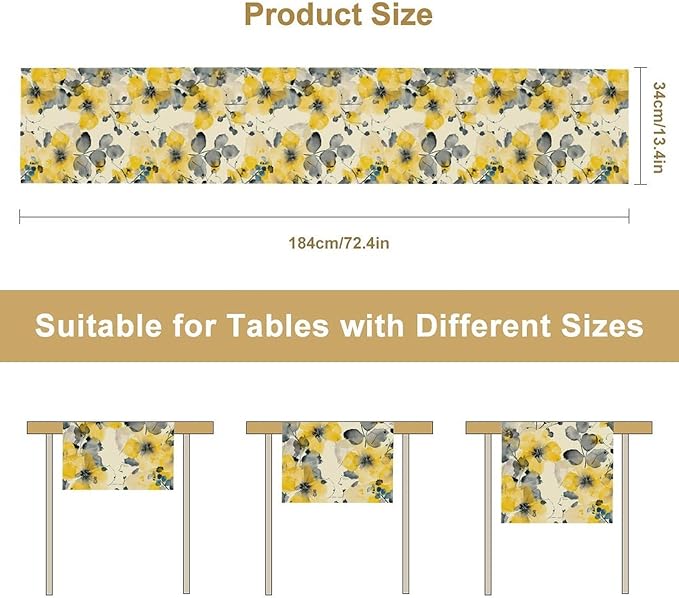 Floral Table Runner,Yellow Flowers Spring Print Table Cloth Kitchen Dining Table Home Party Decoration 13x60 Inch