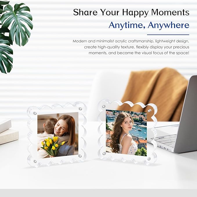 Acrylic Magnetic Picture Frames 4x4-6Pack Clear Freestanding Photo Frame.Double-Sided Scalloped Edges, 10+10mm Thick Block, for Modern Desktop Display &Perfect for Gifts (6 Pack, 4X4)