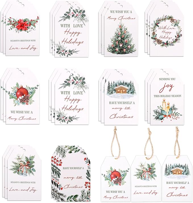 100PCS Christmas Gift Tags 10 Styles Watercolor Christmas Tree Pinecone Tags with String Celebrations Tag for Present Wrapping Xmas Holiday Seasonal Party Favors