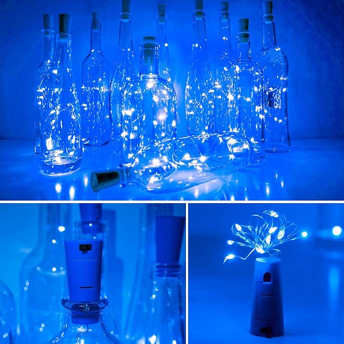 Wine Bottle Lights with Cork 15Pack 10 LED 40 Inches Battery Operated Silver Wire Liquor Fairy Mini String Lights for Party Christmas Halloween Wedding Decoration (Blue)
