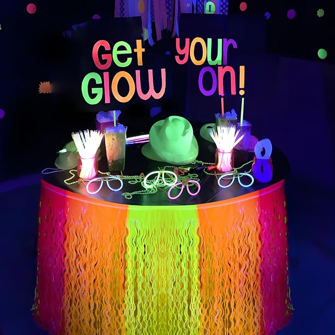 Mega-L Glow in The Dark Party Supplies, 2 Pack Neon Party Decorations Fluorescent Macaron Orange, Yellow and Fuchsia Wavy Metallic Tinsel Foil Fringe Table Skirts, Perfect Table Decors Glow Decors