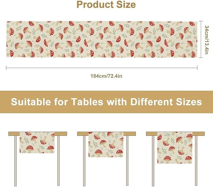 Mushroom Table Runner,Vintage Plant Print Table Runner for Kitchen Dining Table Home Party Decoration 13x120 Inch