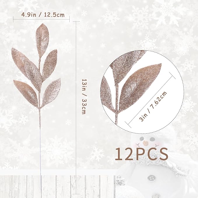 GREENTIME 12 Pack Artificial Champ Glitter Leaves 13" Fake Christmas Picks Decorative Glitter Sticks for Vase Christmas Tree DIY Wreath Crafts Fireplace Decor