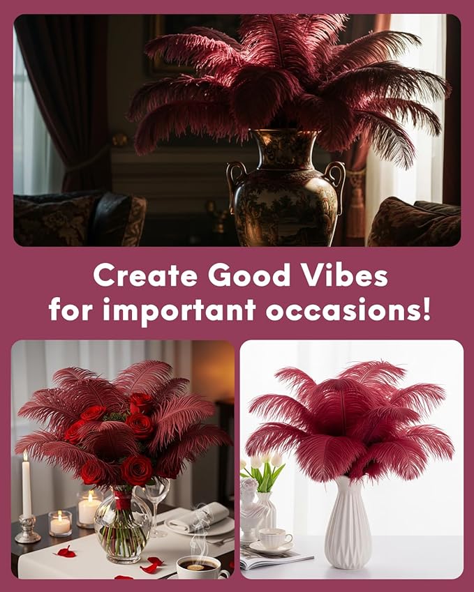 NEWONG 30pcs Wine red Ostrich Feathers Natural Bulk 8-10in（20-25cm） Vase Craft Wedding Home Party Centerpieces Christmas Day Decoration