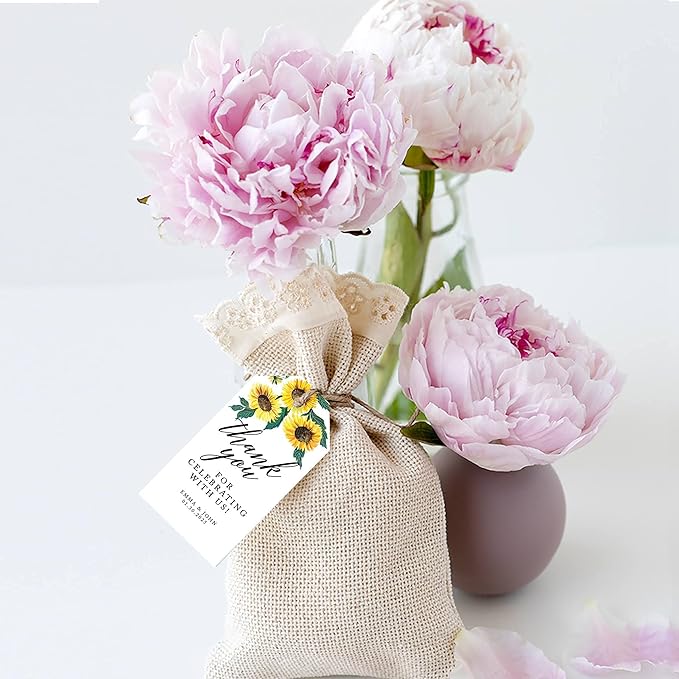 Andaz Press 100-Pack Personalized Thank You Tags with Bakers Twine Sunflowers Custom Cardstock Wedding Gift Tags for Wedding Party Favors 2 x 3.75-Inches