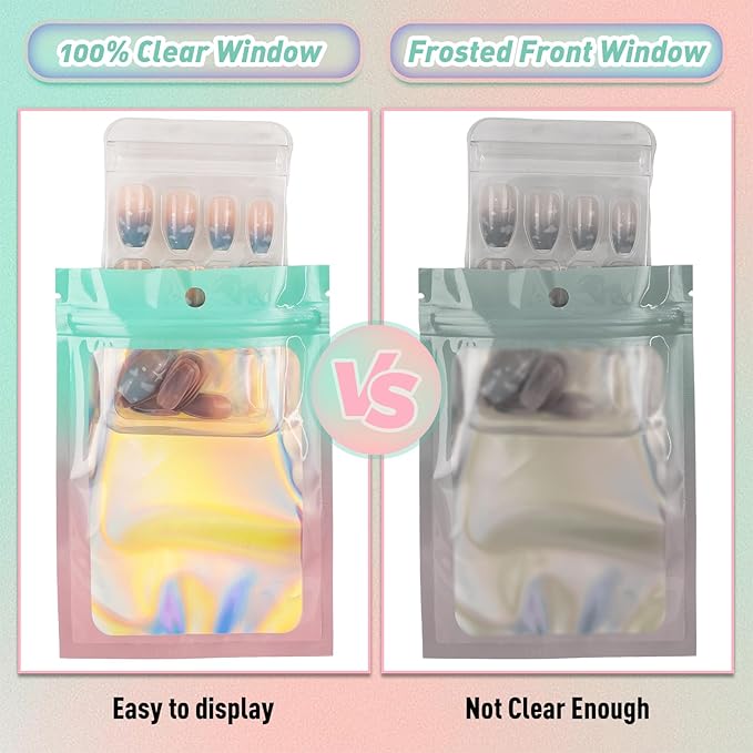 Funfery 100 Pack Gradient Holographic Bags,Mylar Resealable Bags with Zipper,Clear Window Packaging Pouchs,Smell Proof Foil Bag for Food Storage,Sample Jewelry Baggies(3×4.7In,Green Pink)