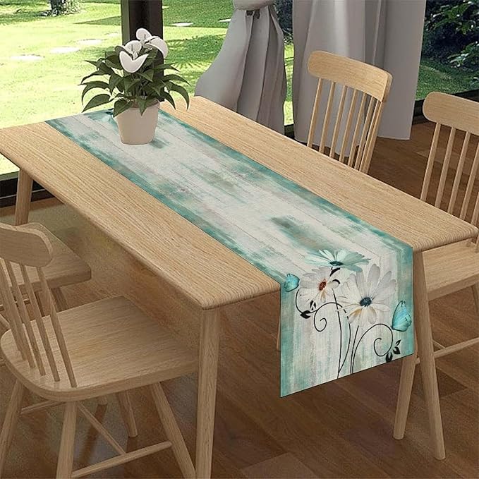 Daisy Floral Table Runner, Rustic Seasonal Spring Wild Flower Rustic Blue Wood Farmhouse Table Center Decor for Home Kitchen Dining Patio Holiday Party Indoor Outdoor Table Decorations, 13"x108" Inch