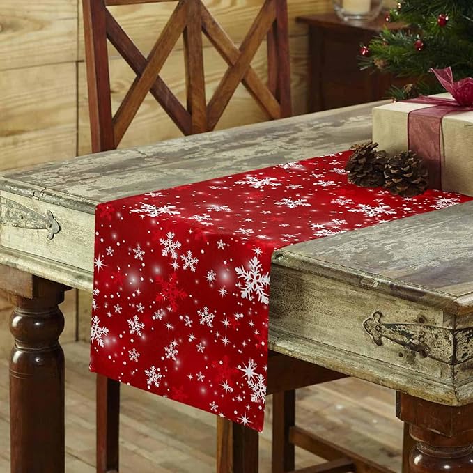 Christmas Snowflakes Cotton Linen Table Runner for Dining Kitchen, Red Xmas Winter Snow Wedding Outdoor Party Tablerunners Decoration, New Year Dresser Scarf Coffee Tablecloth Runners 13x70 Inches