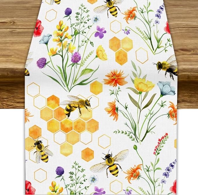 Summer Bee Table Runner, Seasonal Spring Wildflowers Bee Yellow Honeycombs Farmhouse Table Runner for Kitchen Dining Table Home Party Decor, 13x60inch