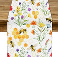 Summer Bee Table Runner, Seasonal Spring Wildflowers Bee Yellow Honeycombs Farmhouse Table Runner for Kitchen Dining Table Home Party Decor, 13x60inch