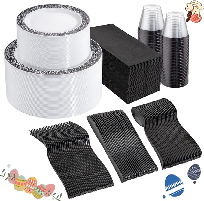 WELLIFE 350Pcs Black Plastic Dinnerware and Napkins Party Supplies Include:50 Dinner Plates, 50 Dessert Plates, 50 Napkins, 50 Cups and 50 Plastic Cutlery