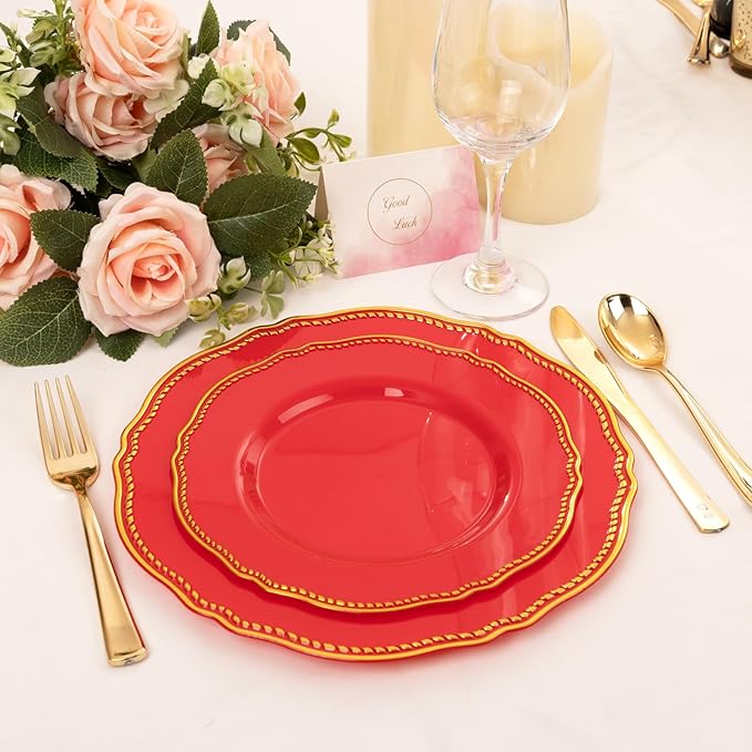 Hioasis 60pcs Red Plastic Plates - Red and Gold Disposable Dinnerware with Gold Rim, Heavy-duty, 10.25 inch, Dinner Plates for Party & Wedding