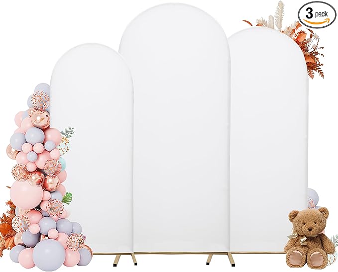 Wedding Arch Covers Arch Backdrop Cover Arch Stand Covers 7.2FT 6.6FT 6FT Set of 3 Arch Cover Spandex Fabric Stretchy Backdrop for Wedding Birthday Party Decoration Baby Shower (White, Cover Only)
