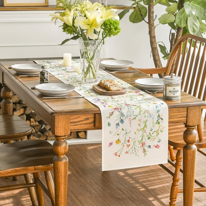 Artoid Mode Wildflowers Bloom Flowers Spring Table Runner, Seasonal Summer Floral Kitchen Dining Table Decoration for Home Party Decor 13x90 Inch