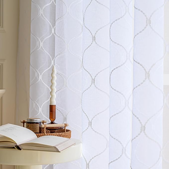 Sheer Curtains White 63 Inches Embroidered Wave Diamond, Rod Pocket Voile Drapes for Living room, Bedroom, Window Treatments Semi Crinkle Curtain Panels for Yard, Villa, Parlor, Set of 2, 52"x 63".