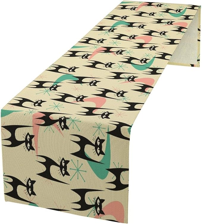 Mid Century Table Runner,Cat Geometric Stripe Colorful Abstract Pattern Print Tablecloth Burlap for Hotel Indoors Outdoor Dining Room Kitchen Holiday Party, 13x108in