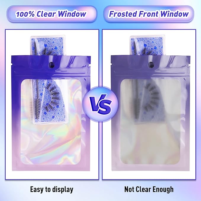 Funfery 100 Pack Gradient Holographic Bags,Mylar Resealable Bags with Zipper,Clear Window Packaging Pouchs,Foil Smell Proof Bag for Food Storage,Sample Jewelry Baggies(6.3x9.4In,Purple Pink)