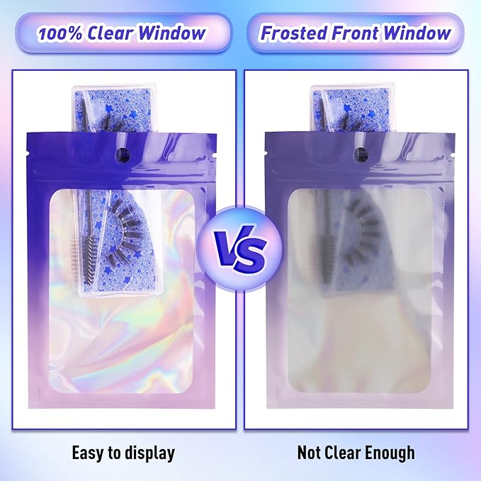 Funfery 100 Pack Gradient Holographic Bags,Mylar Resealable Bag with Zipper,Clear Window Packaging Pouch,Smell Proof Foil Bags for Food Storage,Sample Jewelry Baggies(2.7×3.9in,Purple Pink)