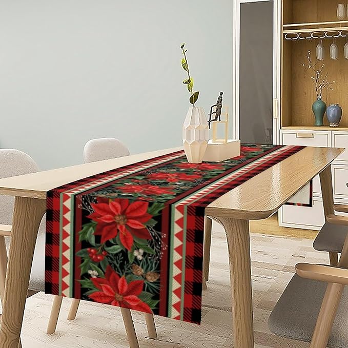 Christmas Table Runner,Seasonal Winter Xmas Holiday Plaid Table Cloth Kitchen Dining Table Decoration for Home Party Decor 13x108 Inch