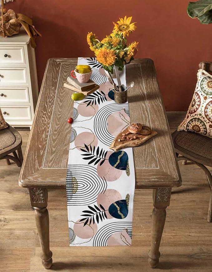 Modern Boho Cotton Linen Table Runner for Dining Kitchen, Wedding Outdoor Party Tablerunners Decoration, Abstract Bohemian Tropical Palm Leaf Dresser Scarf Coffee Tablecloth Runners 13x108 Inches