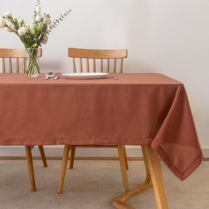 maxmill Lux Faux Linen Table Cloth with Slubby Texture Wrinkle Resistant Anti-Shrink Soft Fall Tablecloth for Kitchen Dining Tabletop for Thanksgiving Parties Rectangle 60 x 140 Inch Rust