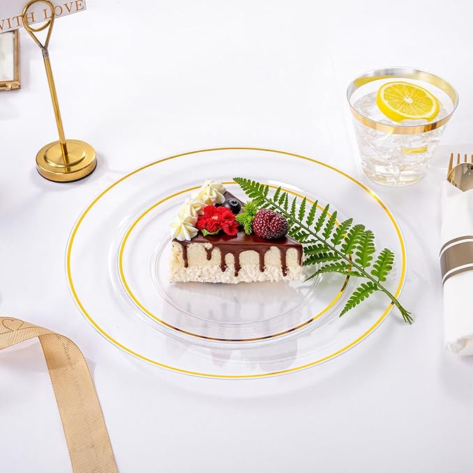 SUT 175 Pcs Gold and Clear Plastic Dinnerware Set for 25 Guests, Include: 25 Dinner Plates, 25 Dessert Plates, 25 Pre Rolled Napkins With Silverware, 25 Cups, Disposable Plates for Party, Wedding