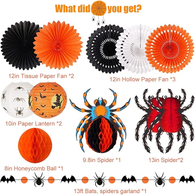 Halloween Party Decorations, Hanging Spider Bat Paper Lanterns Spiders Honeycomb for Halloween Home Decor Birthday Party Supplies Props (Orange, Black)