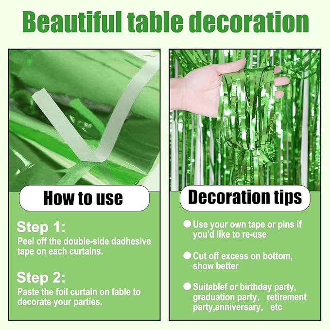 3 Pack 29 x108 Inch Light Green Foil Fringe Table Skirts Metallic Banner for Tinsel Streamer Garland Backdrop for Parade Floats Wedding Thanksgiving Birthday Christmas New Year Party Decoration