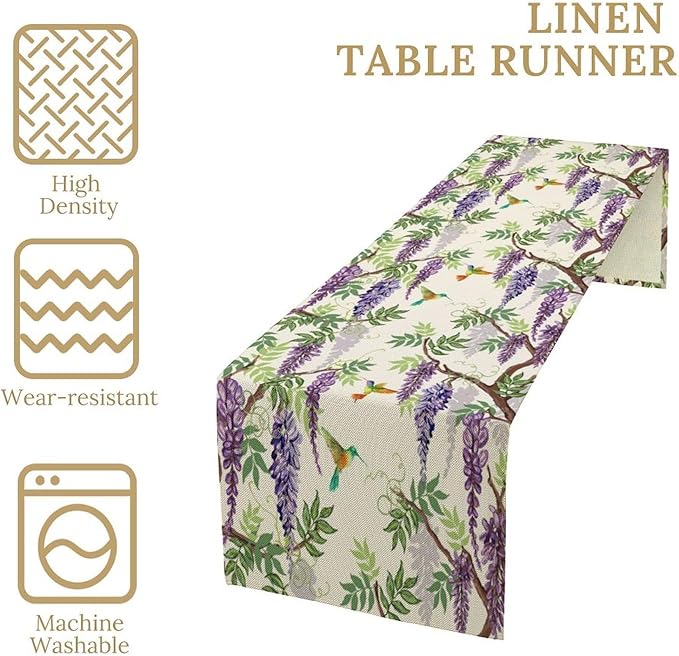 Vintage Bird Flower Table Runner Seasonal Spring Purple Wisteria Garden Plants Lavender Florals Farmhouse Country Kitchen Dinner Runner Dining Table Decoration for Home Party Holiday 13"x108"