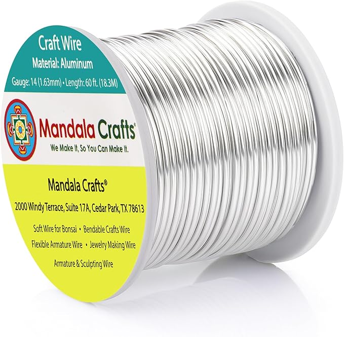 Mandala Crafts 14 Gauge Anodized Aluminum Craft Wire for Jewelry Making - 60 FT Colored Flexible Silver Tone Wire - Bendable for Bonsai Armature Crafting Sculpting