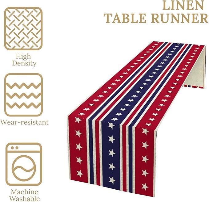 4th of July Table Runner, USA Flag Stars Stripes American Independence Day Red Blue White Stars Lines Print Table Cover for Farmhouse Kitchen Indoor Outdoor Home Party, 13x90inch