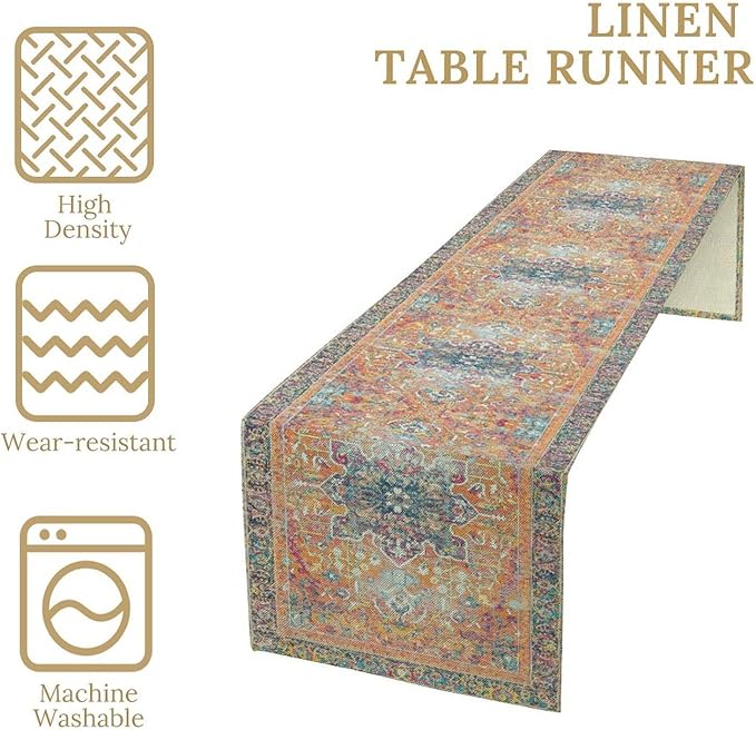 Boho Floral Vintage Table Runner, Orange Retro Flower Rustic Country Farmhouse Abstract Pattern for Home Kitchen Table Decor Dining Coffee Room Party Decor 13x36in