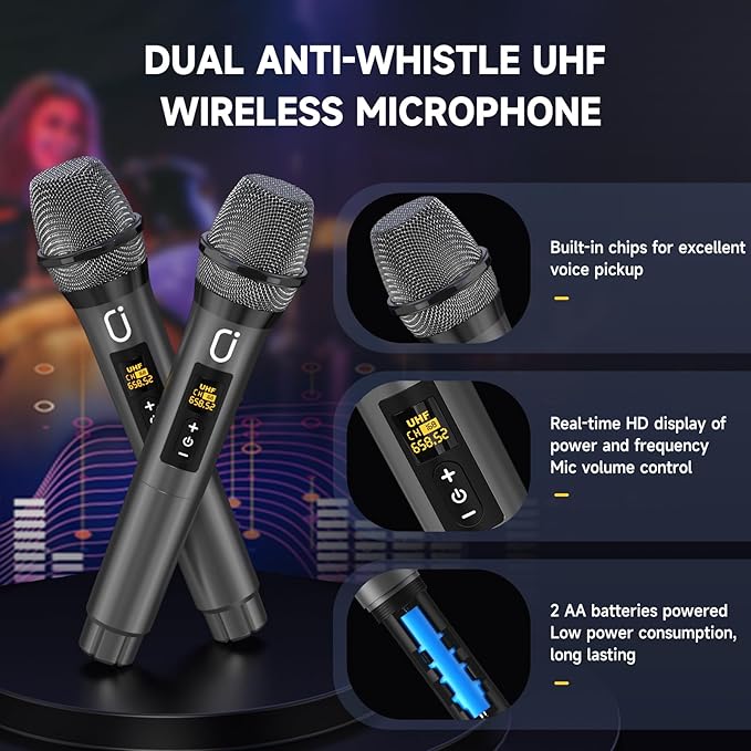Karaoke Machine with 2 Microphones: HWWR Portable Karaoke Machine for Adults Kids, Party Bluetooth Speaker with Bass/Treble Adjustment, PA System with Remote Control/LED Lights, Support REC/USB/AUX