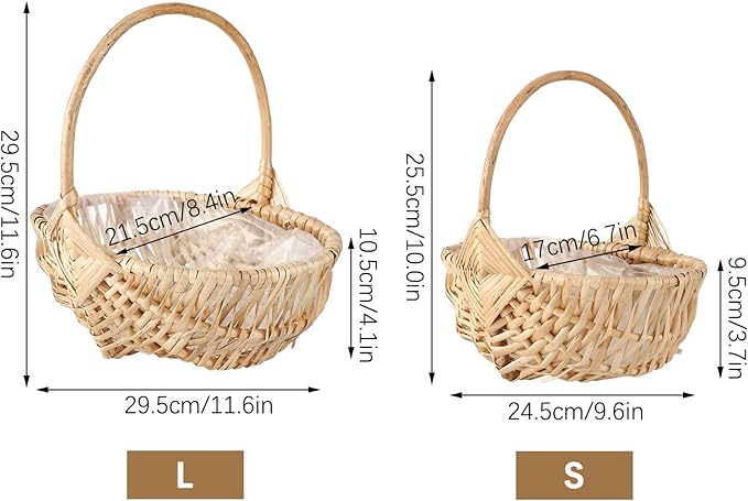 DULRLLY Handwoven Flower Basket with Handle, Willow Storage Basket Empty Wicker Picnic Basket with Plastic Insert, Easter Basket Wedding Flower Girl Baskets for Home Party Decor