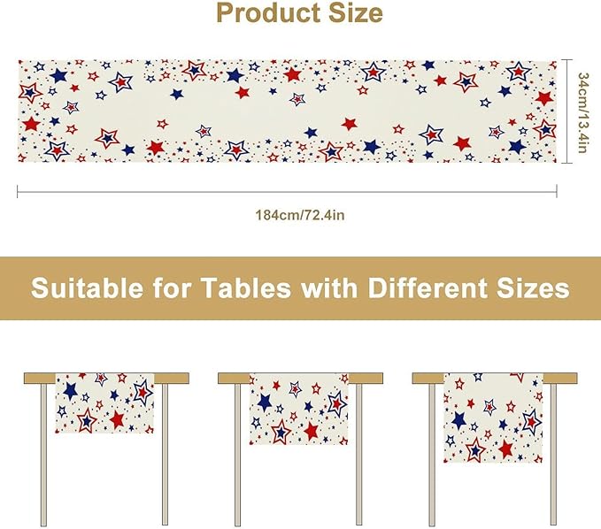 4th of July Table Runner, American Stars Patriotic Independence Day Table Runner for Indoor Outdoor Party Home Kitchen Dining Table Decor, Blue Red, 13x120inch