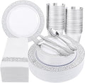 Festiva 350PCS Silver Plastic Dinnerware Set - Disposable Lace Silver Plates and Napkins Party Supplies - include plates,napkins,cups,silverware - Serve for 50 Guests Party&Wedding