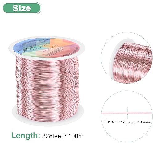 0.4mm Jewelry Wire, 26 Gauge 328FT Craft Wire Copper Beading Wire for Jewelry Making/Planting/Weaving/DIY Crafting, Soft Metal Wires [100M, Rose Golden]