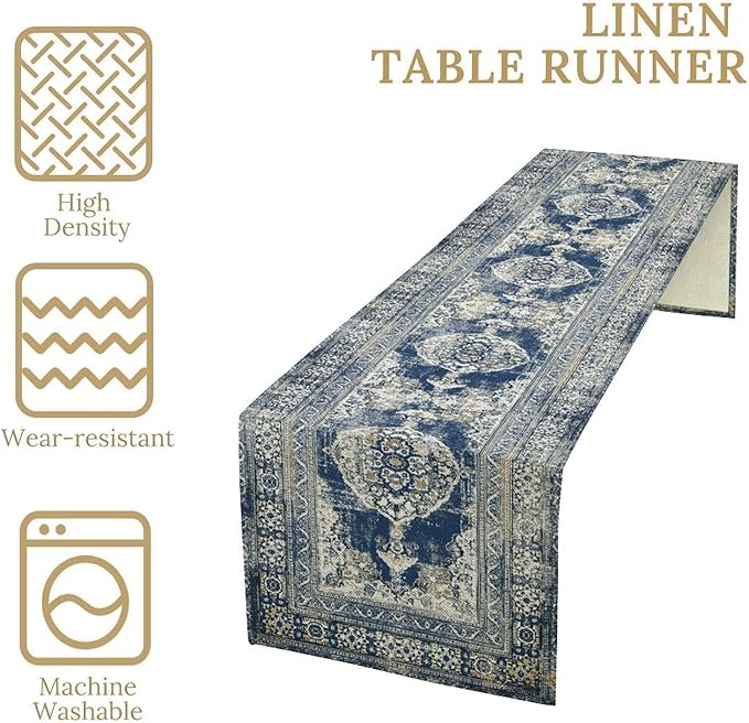 Vintage Boho Floral Table Runner, Rustic Country Farmhouse Blue Teal Retro Flower Pattern for Home Kitchen Table Decor Dining Coffee Room Party Decor 13x72in