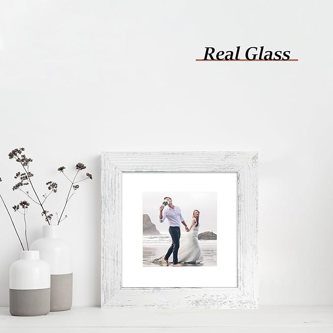 6x6 Picture Frame Set of 4 with High Definition Glass, Distressed White Frames Display 4x4 Picture with Mat or 6 x 6 Without Mat, Wood Square Photo Frame for Wall Mount and Tabletop Display