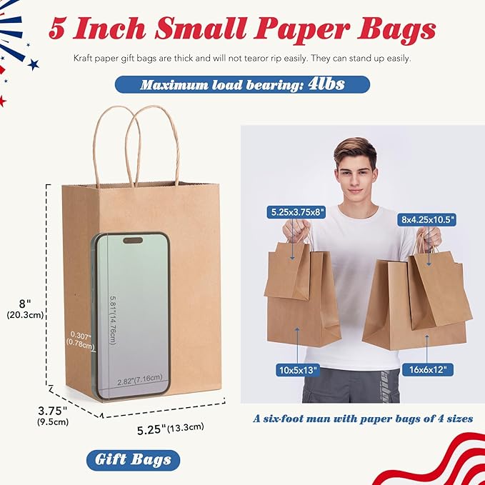 GSSUSA 200 Pack Brown Paper Bags 5.25x3.75x8 Inch Small Gift Bags with Handles Bulk, Brown Kraft Bag for Small Business, Sturdy Grocery Retail Shopping Birthday Party Favor Craft Bag