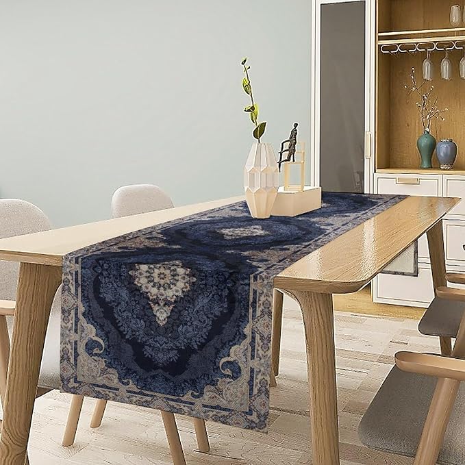 Vintage Boho Floral Table Runner, Rustic Country Farmhouse Dark Blue Grey Retro Flower Pattern for Home Kitchen Table Decor Dining Coffee Room Party Decor 13x72in