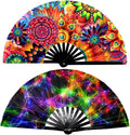 2 Pack Large Folding Rave Fan for Women/Men Holographic Festival Bamboo Clack Hand Fan Decorative Accessories for EDM, Music Festival, Event, Party, Dance, Performance,Halloween (Style-1)