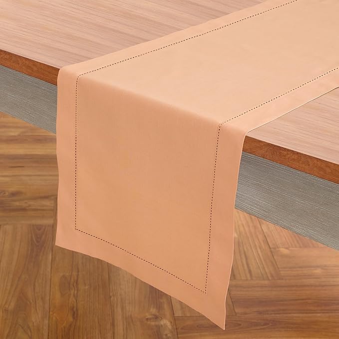 Solino Home Cotton Linen Table Runner 48 Inches - Peach Bloom Hemstitch Table Runner 14 x 48 Inch Ideal for Dresser and Coffee Tables