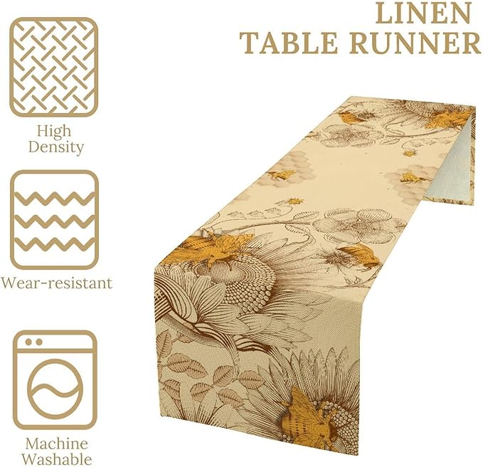 Vintage Bee Table Runner, Rustic Retro Wildflowers Print Home Farmhouse Table Cover for Party Indoor Outdoor Decoration Kitchen Dining Table Decor, 13x120inch