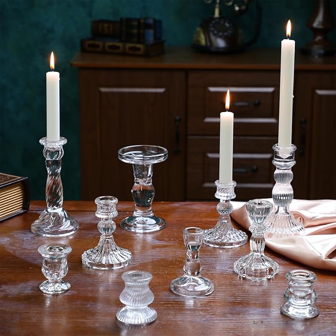 Mumufy 30 Pcs Glass Crystal Taper Candle Holders Clear Glass Candlestick Holder Fit 0.8 Inch Candles Crystal Decorative Candle Stand Centerpiece Table Wedding Dining Party (Classic,Clear)