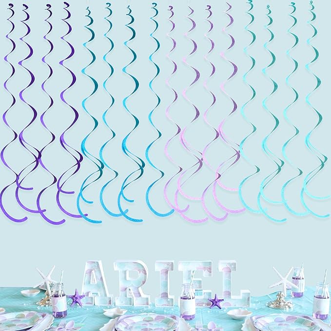 36 Pcs Mermaid Hanging Swirl Decorations Teal Purple Felt Swirl Streamer Spiral Ceiling Decorations Garland for Little Mermaid Under The Sea Birthday Wedding Bridal Shower Baby Shower Party Supplies