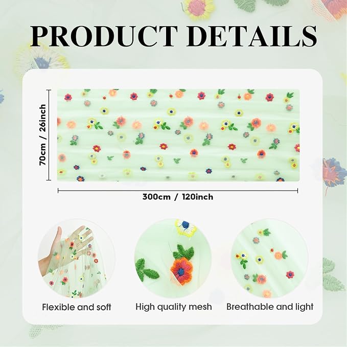 Artoid Mode Sage Green Embroidery Daisy Gauze Table Runner 120 Inch 10FT, Seasonal Sheer Dining Holiday Wedding Birthday Table Decor for Home Party
