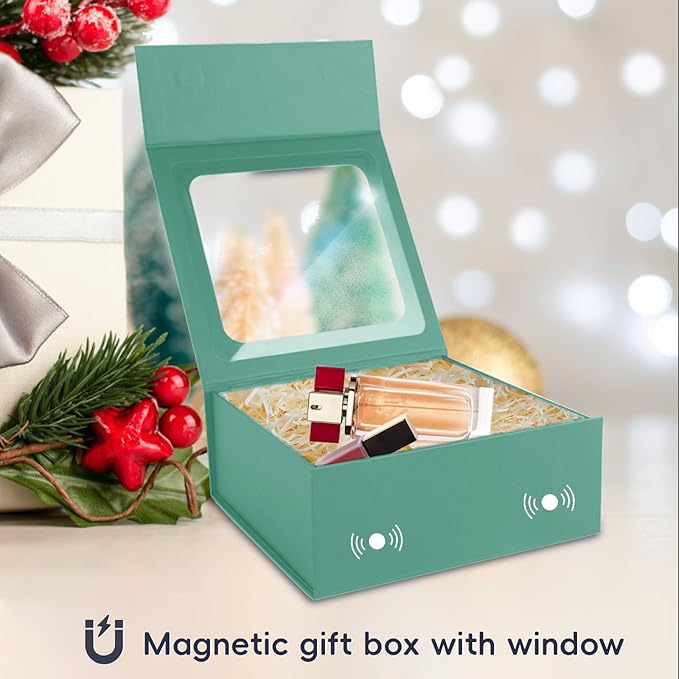 Light Green Gift Box with Window,7.5"x7.5"x3.1" Bridesmaid Boxe for Gifts Giving,Birthday Gift Boxes with Magnetic,Closure Lid Gifts Boxes for Presents,Cute Box,Luxury for Gift Packaging