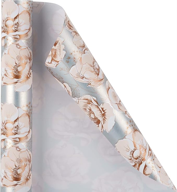WRAPAHOLIC 30 Inch Jumbo Reversible Floral Wrapping Paper - 30 Inch X 33 Feet - Siver Floral Design for Wedding, Birthday, Mothers Day, Baby Shower, Anniversary, Bridal Shower